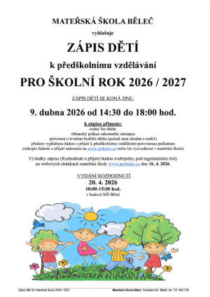Zápis dětí do MŠ Běleč